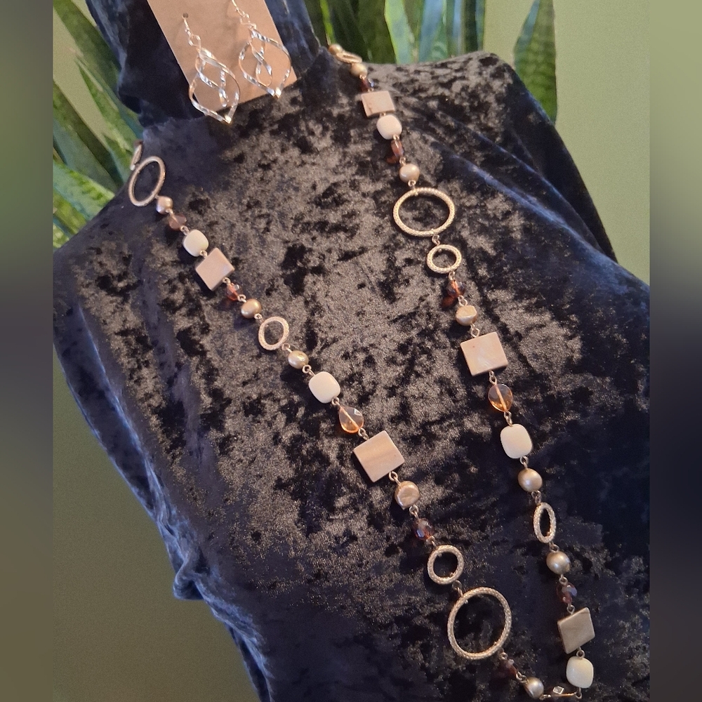 Lia Sophia Gold , Stone, Shell & Glass Long  Necklace 34 Iong With Earrings